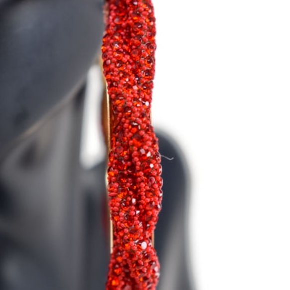 3" Boho Braid Twist Red Rhinestone Hoop Earrings - Picture 4 of 13